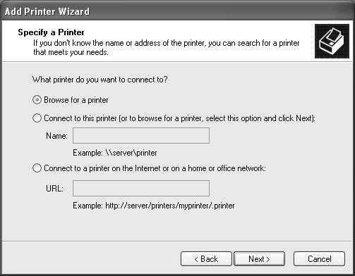 Windows 2000 için, Type the printer name, or click Next to browse for a printer (Yazıcı adını yazın veya yazıcılara göz atmak için İleri düğmesini tıklatın) seçeneğini seçin ve sonra Next (İleri)