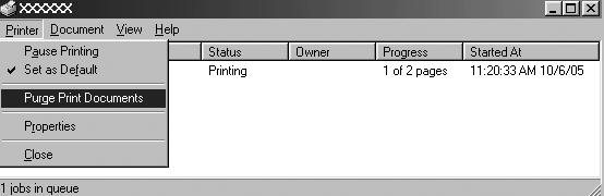 2. Yazdırılacak tüm belgeleri iptal ederken Printer (Yazıcı) menüsünden (Windows Me veya 98 için) Purge Print Documents (Yazdırılacak Belgeleri Temizle) seçeneğini veya (Windows Vista, XP, 2000 veya