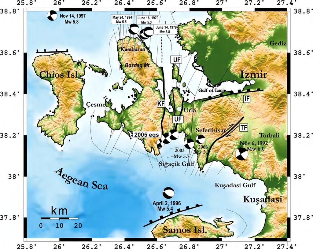 Şekil 14. İzmir ve çevresinde meydana gelen bazı depremlerin odak mekanizma çözümleri (Benetatos ve diğ.