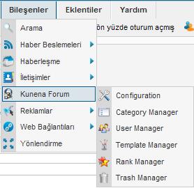 Şekil 7.7:Kunena form ayarlarının yapılması Örnek olarak oluşturulmuş bir üst kategori ve iki forum göreceksiniz. Kunena da kategoriler forumları içine alan üst başlıklardır.