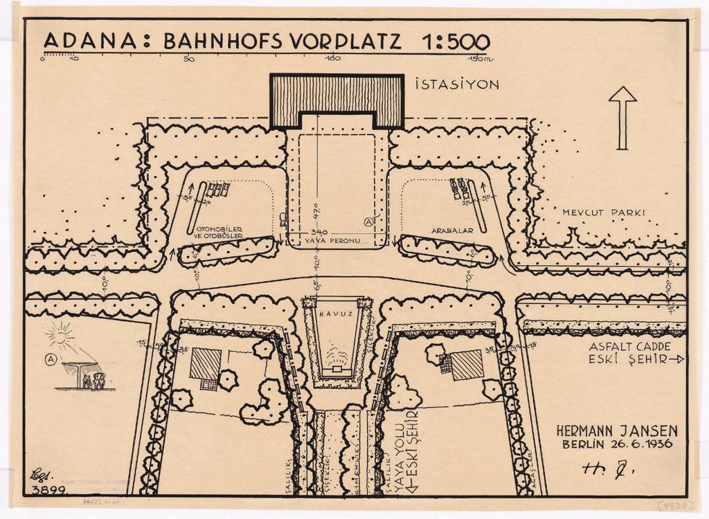 Resim: 4 Adana, İstasyon Avlusu, Jansen, 1936 (Architekturmuseum der Technischen Universität Berlin in der Universitätsbibliothek TU Berlin Architekturmuseum, Inv. Nr. 23344). leştirilmiştir.