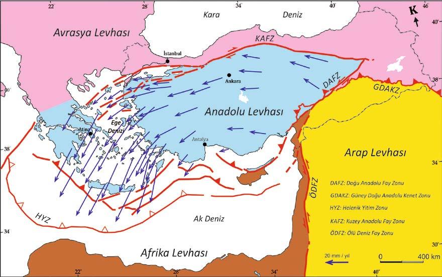 Şekil 1. Türkiye ve yakın çevresindeki levhaların durumunu gösterir sadeleştirilmiş tektonik harita (Işık vd. 2014 den yeniden çizilmiştir).