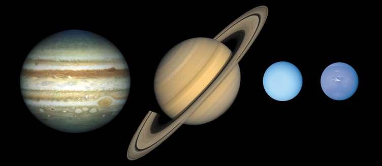 Jüpiter benzeri gezegenler Jüpiter, Satürn, Uranüs, Neptün Büyük kütle, büyük yarıçap Katı yüzey yok Düşük yoğunluk, gaz