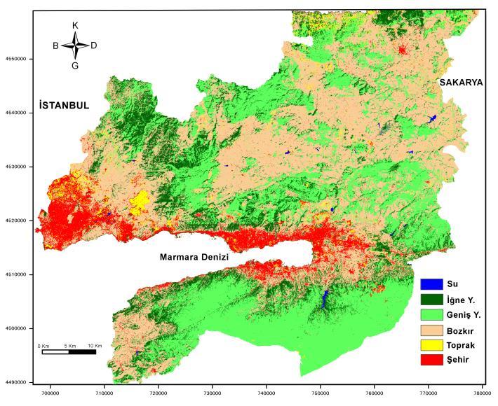 Şekil 3. K-star algoritması ile 2010 tarihli Landsat TM görüntüsünün sınıflandırılması sonucu elde edilen tematik harita. 5.