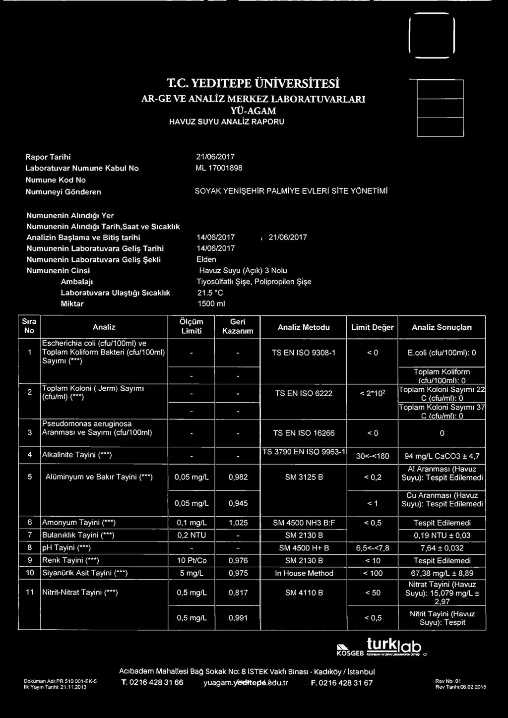 coli (cfu/iooml); 0 Toplam Koloni ( Jerm) Sayımı (cfu/ml) (***) TS EN ISO 6222 <2*102 Toplam Koliform fcfu/ioomh: 0 Toplam Koloni Sayımı 22 C (cfu/ml); 0 Toplam Koloni Sayımı 37 C fcfu/ml); 0