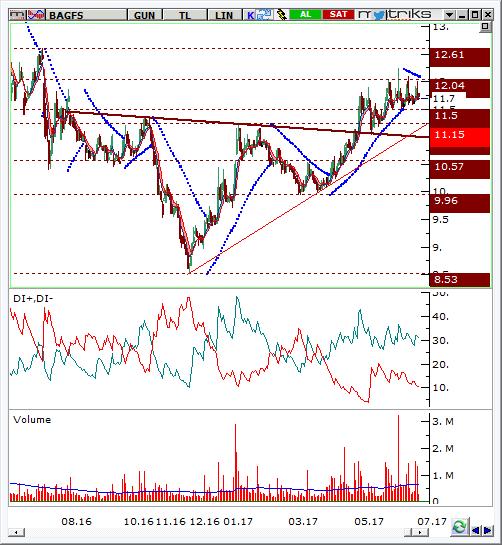 BAGFS Hisse 11,10 seviyesinde TOBO formasyonunu yukarı kırdıktan sonra 12,24 seviyesine kadar yükseliş kaydetmişti.