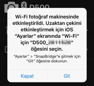 Wi-Fi Uyarısı SnapBridge, uzaktan çekime başlamadan veya yüksek hacimli