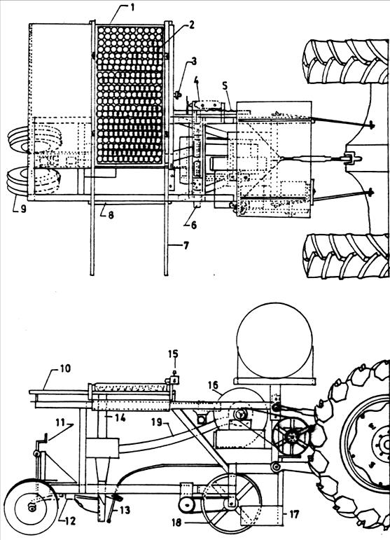 Tam Otomatik Fide Dikim Makinası 1. Çatı, 2. Fide tablası, 3. Mikro şalter, 4. Çift etkili hidrolik silindir, 5. Ayar mekanizması, 6. 4 yollu vana, 7. Enlemesine hareket kanalı, 8.