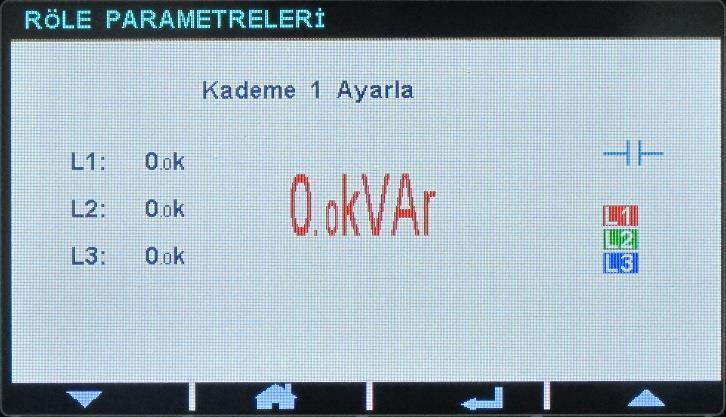 KADEME 1... 12 / 24 AYARLA : Kademe değerlerini manuel olarak ayarlamak için kullanılır. İlgili kademeye bağlanan yükün hangi fazda, yada fazlar arasında ve kvar cinsinden gücü ayarlanır.