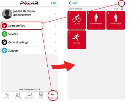 Polar Flow web hizmeti Spor Profilleri SPOR PROFİLİNİN EKLENMESİ Polar Flow mobil uygulamasında: 1. Spor profilleri bölümüne gidin. 2. Sağ üst köşedeki artı işaretine dokunun. 3.