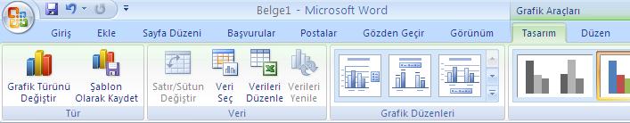 Çizelge Görünümü Değiştirme Çizelge sitilini değiştirmek için; çizelge seçilir, grafik araçları(chart tools) altında tasarım tıklanır.