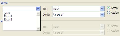 Tablo İçinde Sıralama Yapmak seçilen hücrenin türü, tür listesi kullanılarak seçilir.