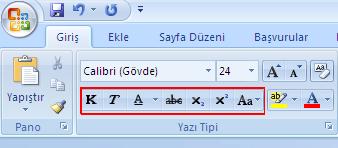 Metin biçimlendirme Renklendirilmiş kısım sırasıyla Metni kalınlaştırma Metni Italik yapma Metnin altını çizme Metnin ortası