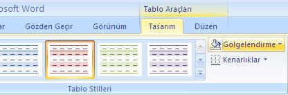 Tablo Biçimlendirme Tablo rengini oluşturmak için; aynı şekilde