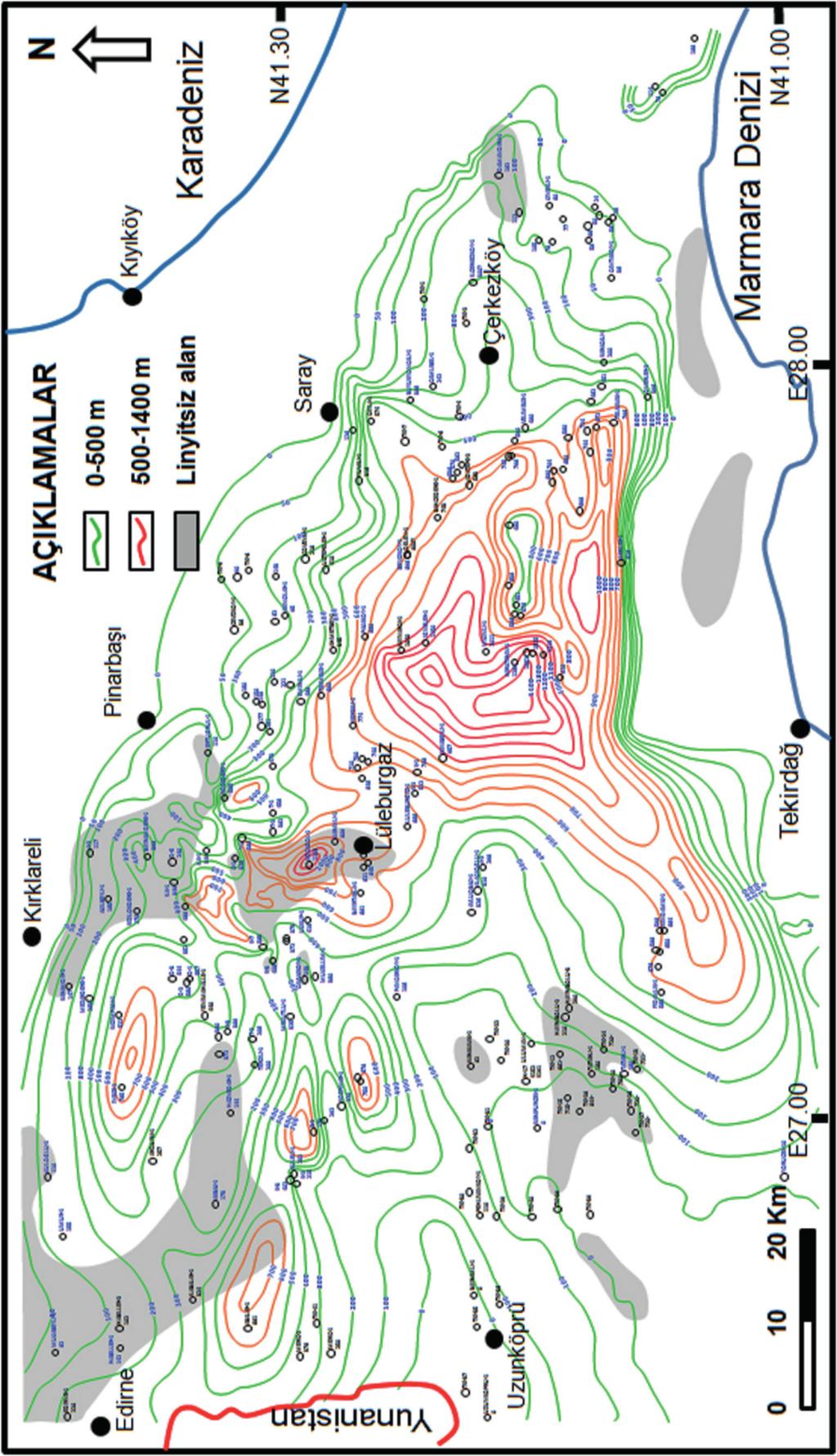Doğan PERİNÇEK, Nurdan ATAŞ, Şeyma KARATUT, Esra ERENSOY Şekil 12. Ergene Formasyonu kalınlık haritası. Harita yorum katılarak elle konturlanmıştır. Figure 12. Thickness map of the Ergene Formation.