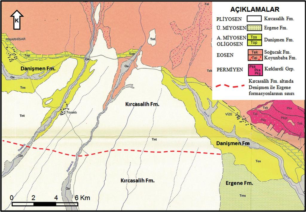 Danişmen Formasyonu Stratigrafisi ve Birim İçindeki Linyit Düzeylerinin Havzadaki Dağılımı, Trakya Havzası, Türkiye Şekil 16. TKİ, Vize ruhsatlarının bulunduğu jeoloji haritası (MTA, 1998).