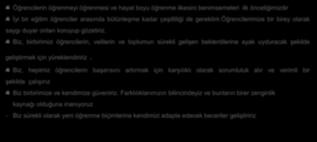 şekilde geliştirmek için yüreklendiririz Biz, hepimiz öğrencilerin başarısını artırmak için karşılıklı olarak sorumluluk alır ve verimli bir şekilde çalışırız Biz birbirimize ve kendimize güveniriz