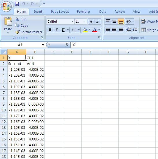 .csv uzantısının içeriği yandaki gibi olur. Buradaki veriler MATLAB veya benzer bir program kullanılarak ölçülen sinyaller çizdirilip bilgisayar ortamında incelenebilir.