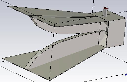 Şekil 4. 7 DRHA simülasyon modeli Antenin boyutu 75 MHz-18 GHz standard ridged horna göre 2,5 kat küçültülmüş (6 x 8 x 13 cm), böylece antenin çalışma bandı 2-24 GHz e ötelenmiştir (Şekil 4.7).