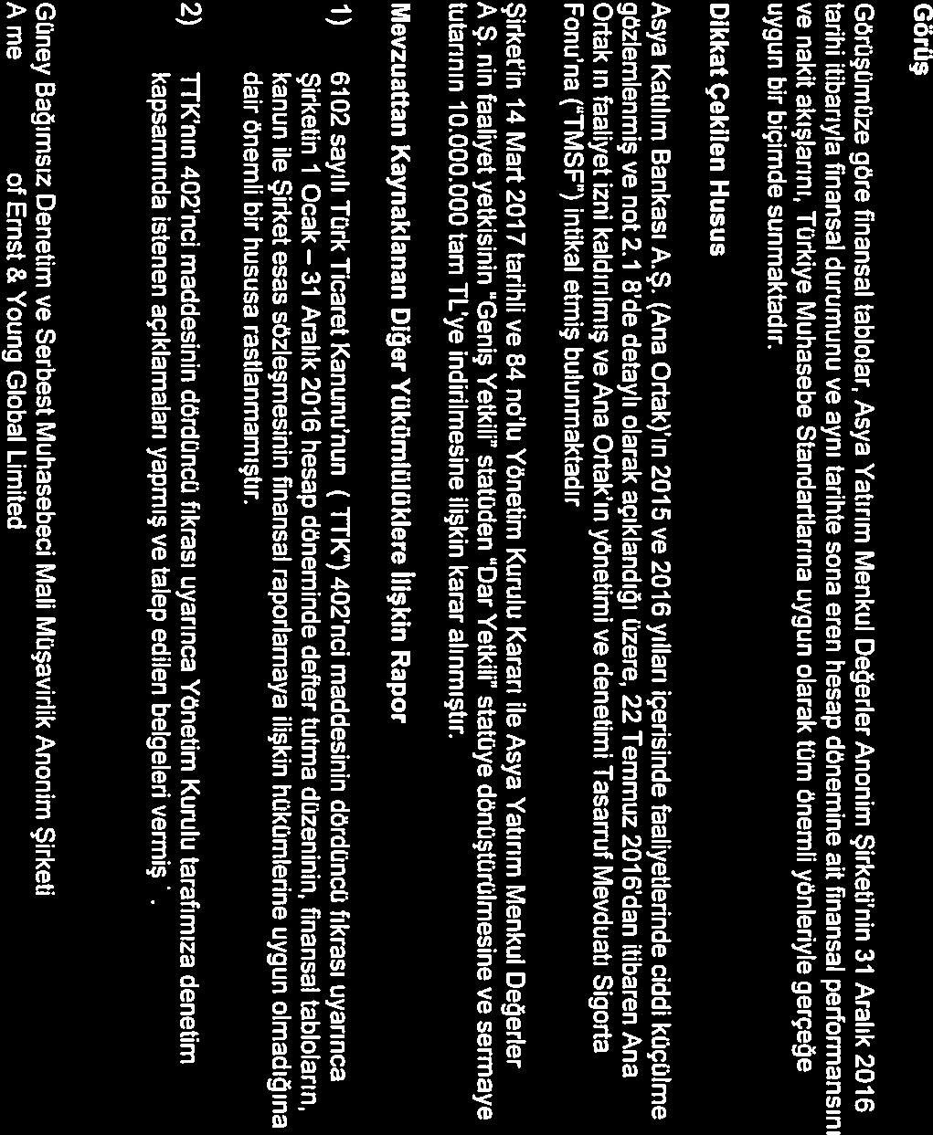 EY ButIding a better working world Görüş Görüşümüze göre fınansal tablolar, Asya Yatırım Menkul Değerler Anonim Şirketinin 31 Aralık 2016 tarihi itibarıyla fınansal durumunu ve