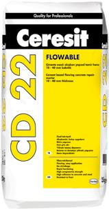 CD 22 FLOWABLE Çimento Esaslı Akışkan Yapısal Tamir Harcı 10-40 mm Kalınlık ÜRÜN ÖZELLİKLERİ Elyaf takviyelidir Akışkandır, kolay uygulanır Rötre yapmaz Hızlı priz alır Yüksek basınç dayanımına