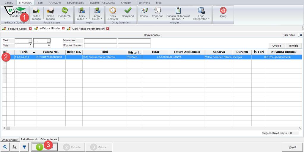 4.3. Gönderilen TaxFree e-faturaları: Şekil 6 e-fatura Gönder Ekranı 1.