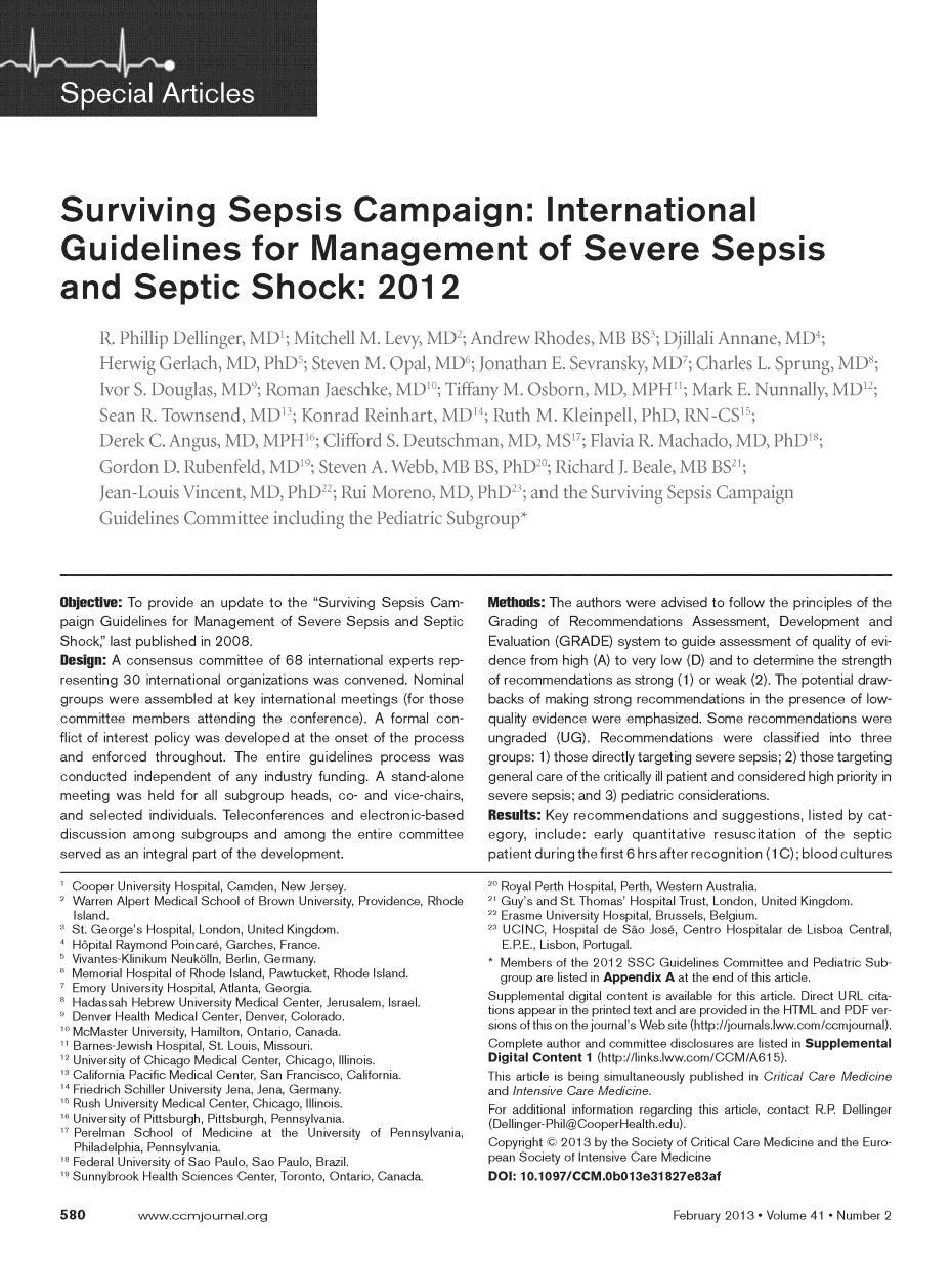 Ağır Sepsis ve Septik Şok Tedavi Kılavuzu 2012 1. Erken Tanı 2.