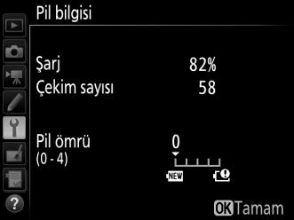 Pil Bilgisi Geçerli olarak fotoğraf makinesine takılı olan pile ilişkin bilgileri görün.