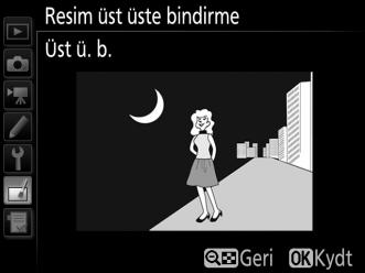 5 Üst üste bindirmeyi önizleyin. Kompozisyonu sağda gösterildiği gibi önizlemek için, imleci Önizle sütununa yerleştirmek için 4 veya 2 düğmesine basın, ardından Üst ü. b. öğesini vurgulamak için 1 veya 3 düğmesine basın ve J düğmesine basın (önizlemedeki renkler ve parlaklık son resimden farklılık gösterebilir).