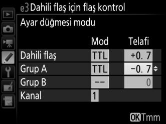 Ayar düğmesi modunda fotoğraf çekmek için aşağıdaki adımları izleyin. 1 Dahili flaş için ayarları yapın. Dahili flaş için flaş kontrol modunu ve çıktı seviyesini seçin.