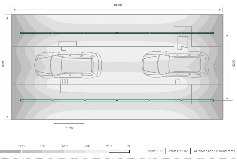 Şekil 4 : LED li düzende aydınlık düzeyi dağılımı Şekil 2: Geleneksel düzende aydınlık düzeyi dağılımı Otomotiv tesisi için önerilen LED li sistemde, Şekil 3 te belirtilen sarkıt çizgisel armatürler