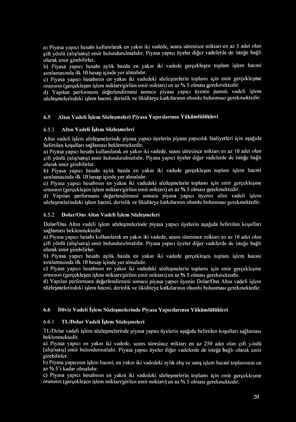 b) Piyasa yapıcı hesabı aylık bazda en yakın iki vadede gerçekleşen toplam işlem hacmi sıralamasında ilk 10 hesap içinde yer almalıdır.