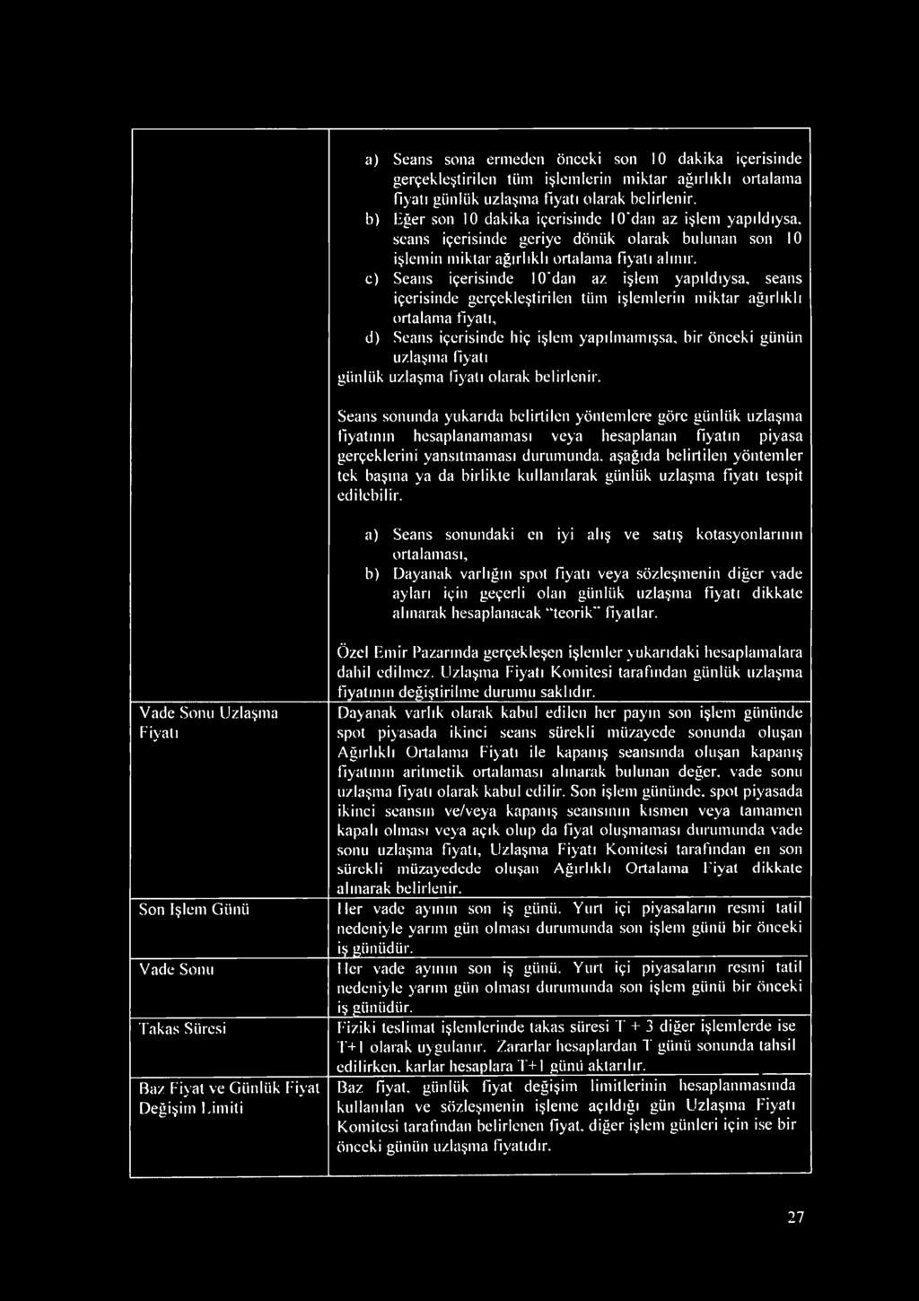 c) Seans içerisinde 10'daıı az işlem yapıldıysa, seans içerisinde gerçekleştirilen tüm işlemlerin miktar ağırlıklı ortalama fiyatı, d) Seans içerisinde hiç işlem yapılmamışsa, bir önceki günün