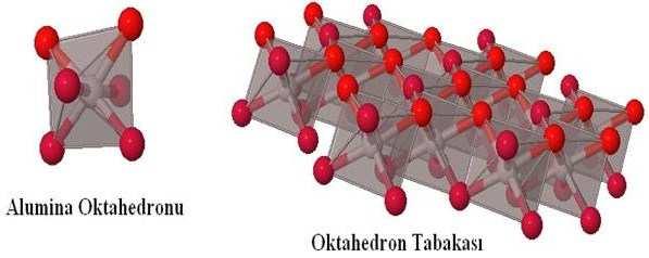 Oktahedron tabakaları ise, alüminyum (Al), demir (Fe) ve magnezyum (Mg) gibi iyonların etrafında 6 oksijen ve hidroksil (OH - ) iyonları olacak şekilde sekiz yüzlü geometrik bir yapıdadır yine