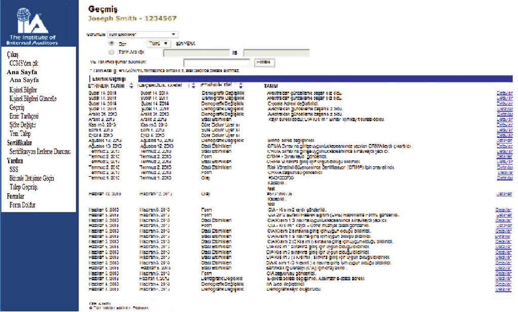 Sertifikasyon Aday Yönetimi Sistemi (CCMS) Aday Kullanıcı Kılavuzu Geçmiş Geçmiş linki, kaydınızda zaman içerisinde gerçekleştirilmiş olan çeşitli faaliyetleri görmenizi sağlar.