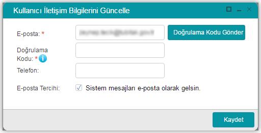 Kişisel Bilgileri Ekleme Ekranı e-posta adresinin girilmesinin ardından, Sistem tarafından otomatik gönderilen kodun girilebilmesi için Doğrulama Kodu satırı ilgili pencerede açılır.