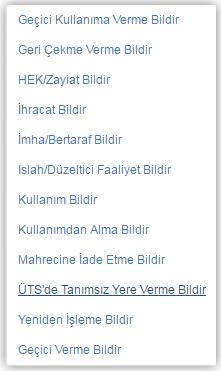 Tekil Ürün Sorgulama Ekranı ÜTS de Tanımsız Yere Verme bildirimi yapılmak istenen tekil ürün listeden seçilerek Bildirim Listesi ( Tanımsız Yere Verme Bildir işlemi seçilir. ) düğmesine tıklanır.