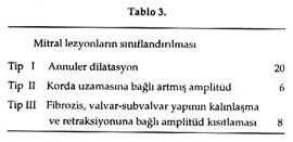 GKDC Dergisi 1999;7:88-92 Mitral lezyonların sınıflaması leaflet hareketinin amplitüdüne göre yapılmıştır (Tablo 3).