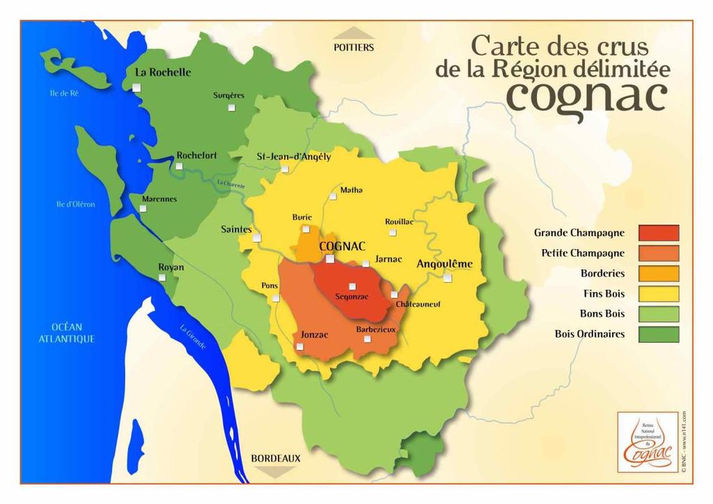 Şekil 4. Fransa daki Konyak üretim bölgeleri (http://blog.cognac-expert.com/six-zones-cognac-crus-champagne-bois-borderies-fine/) La Grande Champagne güneydeki küçük kısımdır.