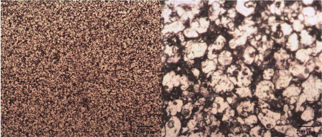 200 MPa ve 400 MPa da preslenen numunelerin sinterlenmesi sonrasındaki optik mikroskop kullanımıyla elde edilen mikroyapı görüntüleri Şekil 3 ve Şekil 4 de verilmiştir.