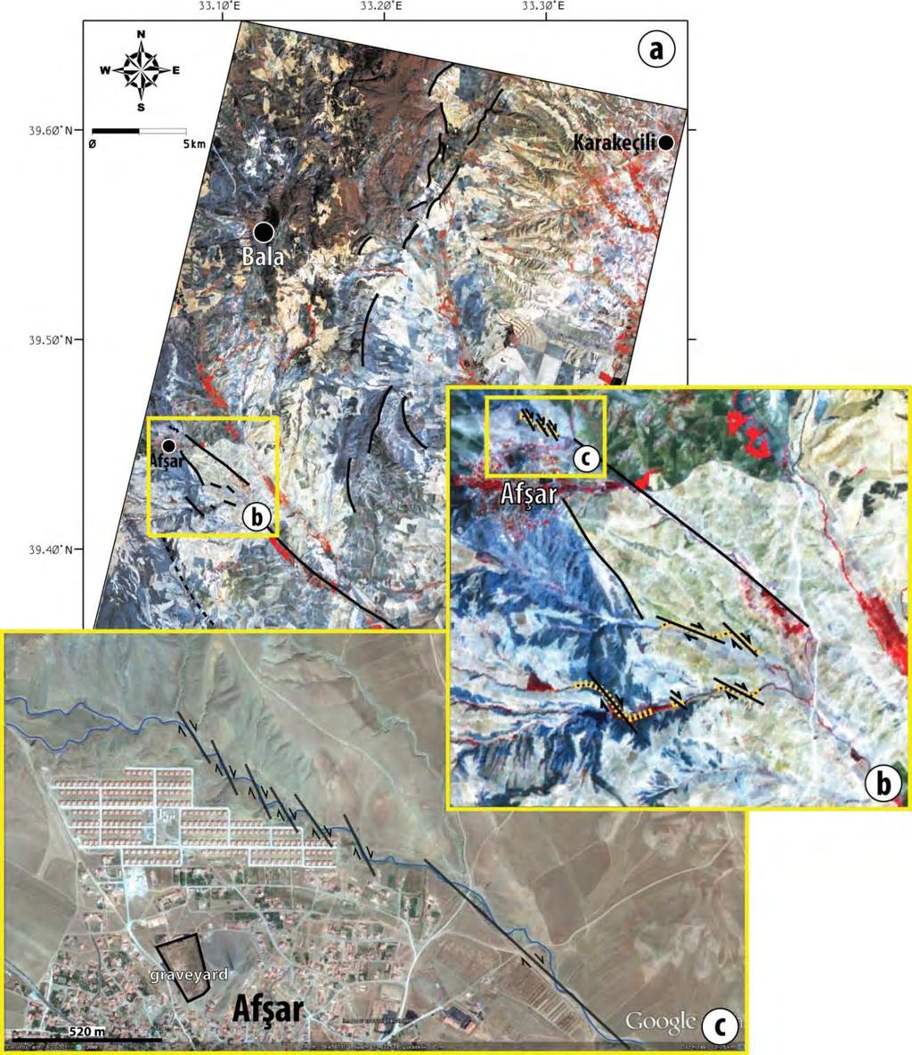 Şekil 2.12: a) İnceleme alanının ASTER uydu görüntüsü. b) Siyah çizgiler fayları, oklar ise derelerdeki yer değiştirme yönlerini göstermektedir.