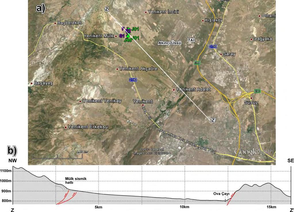 Şekil 3.38: a) Mürted ovasının Yenikent civarındaki Google Earth görüntüsü. Görüntünün KB kesiminde Abdüsselam yükselimi yeralmaktadır.