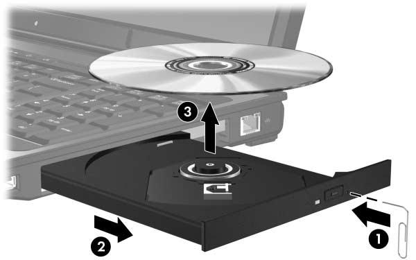 Optik disk sürücüleri Optik diski çıkarma (güç yokken) Harici güç veya pil gücü kullanõlamõyorsa: 1. Sürücünün ön çerçevesindeki çõkarma deliğine bir atacõn ucunu sokun 1. 2.