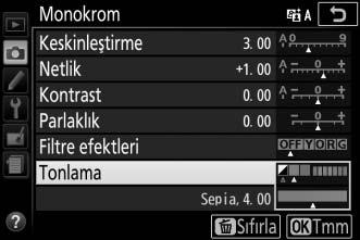 A Filtre efektleri (Yalnızca Monokrom) Bu menüdeki seçenekler renk filtrelerinin etkisini monokrom fotoğraflar üzerinde benzetir.