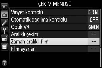 Zaman Aralıklı Filmler Fotoğraf makinesi, çekim menüsündeki (0 168) Film ayarları altında Çerçeve boyutu/kare hızı ve Film kalitesi için geçerli olarak seçilen seçenekleri kullanarak sessiz bir zaman