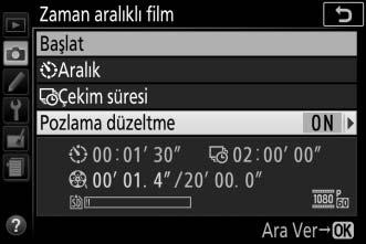 Pozlama düzeltmeyi etkinleştirmek veya devre dışı bırakmak için: Pozlama düzeltme öğesini vurgulayın ve 2 düğmesine basın. Bir seçeneği vurgulayın ve J düğmesine basın.