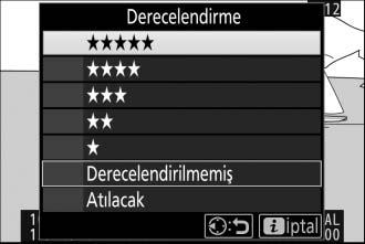 Resimleri Derecelendirme Resimleri derecelendirin veya daha sonra silmek için aday olarak işaretleyin. Derecelendirmeler ayrıca ViewNX-i ve Capture NX-D de görüntülenebilir.