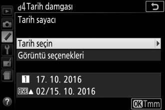 Tarih Sayacı Bu seçenek etkinken çekilen resimlere, ileriki bir tarihe kadar kalan gün sayısı veya geçmiş bir tarihten bu yana geçen gün sayısı basılır.