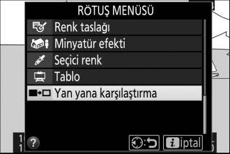 2 Yan yana karşılaştırma öğesini seçin. Rötuş menüsünde Yan yana karşılaştırma öğesini vurgulayın ve J düğmesine basın. 3 Kopyayı orijinali ile karşılaştırın.