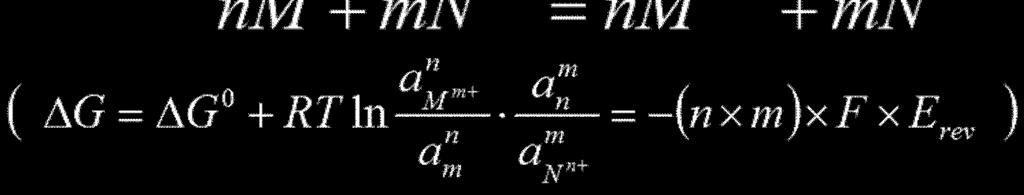 Toplam reaksiyon: Toplam serbest enerji: Elektrik enerjisine dönü en kimyasal enerji: E rev E 0 rev R T n m F ln a n M n m a m a a m n m n N yon